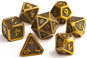 DHDM0100020 7pc RPG Dice Set: Mythica Battleworn Gold published by Die Hard Dice