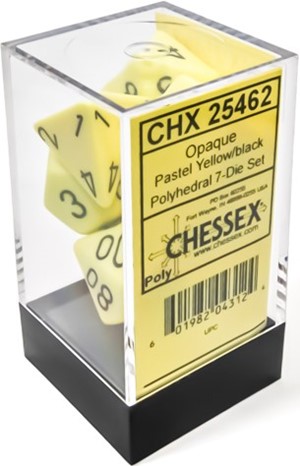 CHX25462 Chessex Opaque Pastel Yellow with Black 7-Die Polyhedral Set published by Chessex