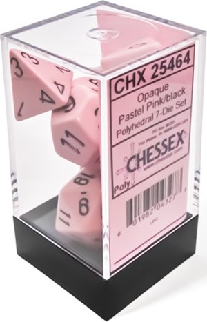 CHX25464 Chessex Opaque Pastel Pink with Black 7-Die Polyhedral Set published by Chessex