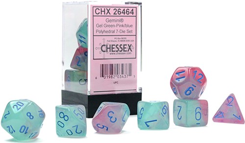 CHX26464 Chessex Gemini 7 Dice Polyhedral Set - Gel Green And Pink With Blue published by Chessex