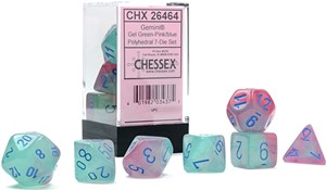 2!CHX26464 Chessex Gemini 7 Dice Polyhedral Set - Gel Green And Pink With Blue published by Chessex