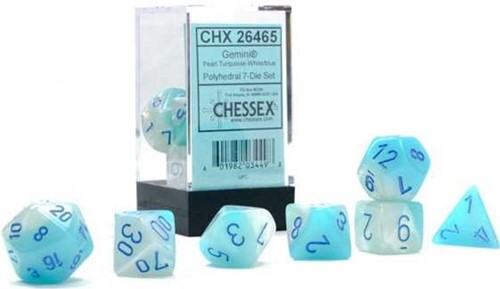 CHX26465 Chessex Gemini 7 Dice Polyhedral Set - Pearl Turquoise And White With Blue published by Chessex