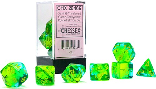 Chessex Gemini 7 Dice Polyhedral Set - Green And Teal With Yellow